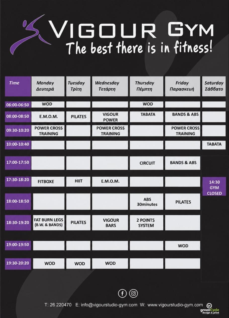 Vigour Gym September 2026 class timetable